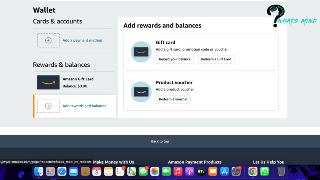 6. Below “Reward and balances” there is an option for “Add rewards and balances”. Choose it for adding a gift card. | Whatsmind