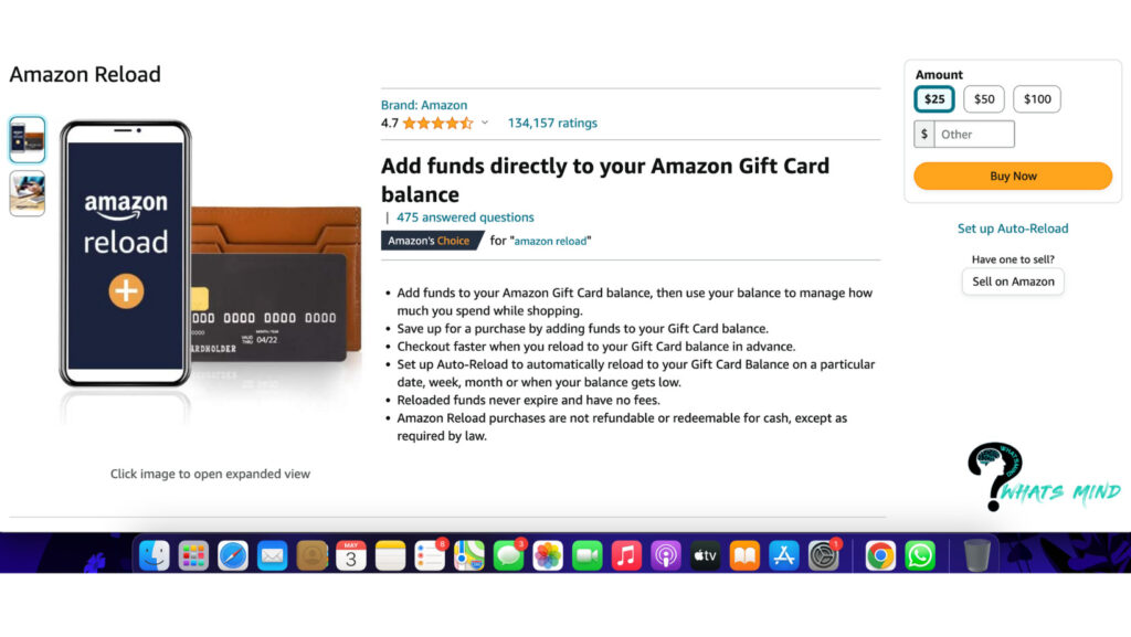 7. Here you can see the options for Amazon Reload. Add funds directly to your Amazon Gift Card balance. | Whatsmind